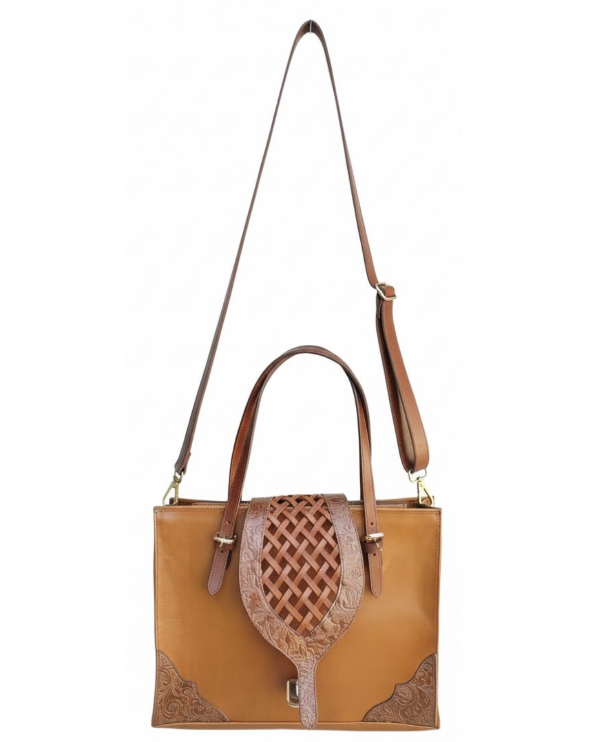 Handcrafted Genuine Leather Tote Bag with Woven Flap & Adjustable Shoulder Strap