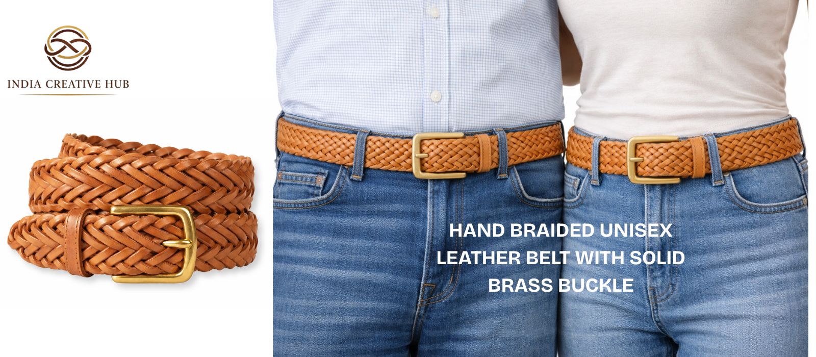 WB02- Handwoven Tan Braided Leather Belt with Brass Buckle