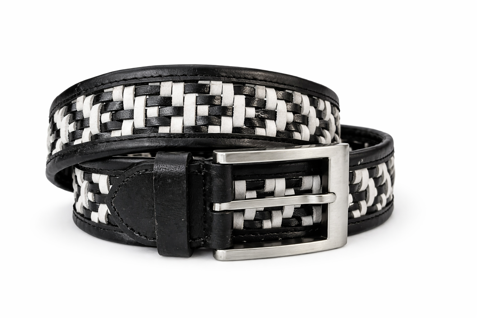MB01- Designer Black and White Woven Leather Belt with Metal Buckle