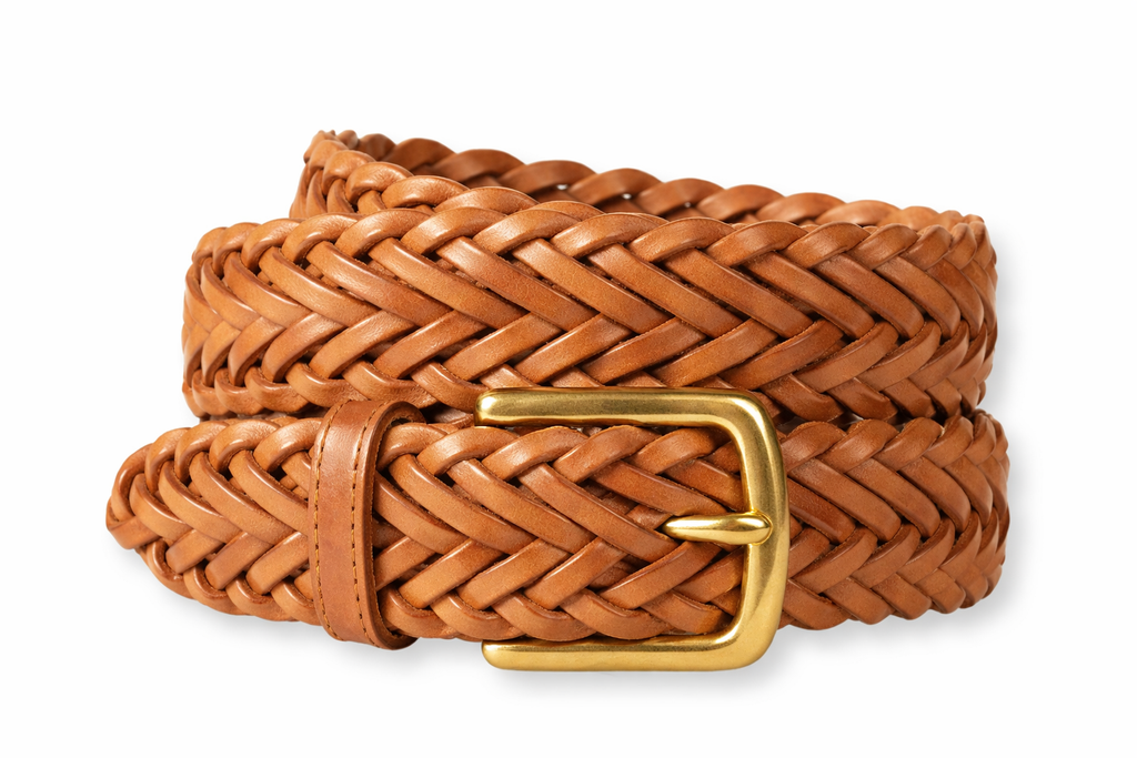 WB02- Handwoven Tan Braided Leather Belt with Brass Buckle