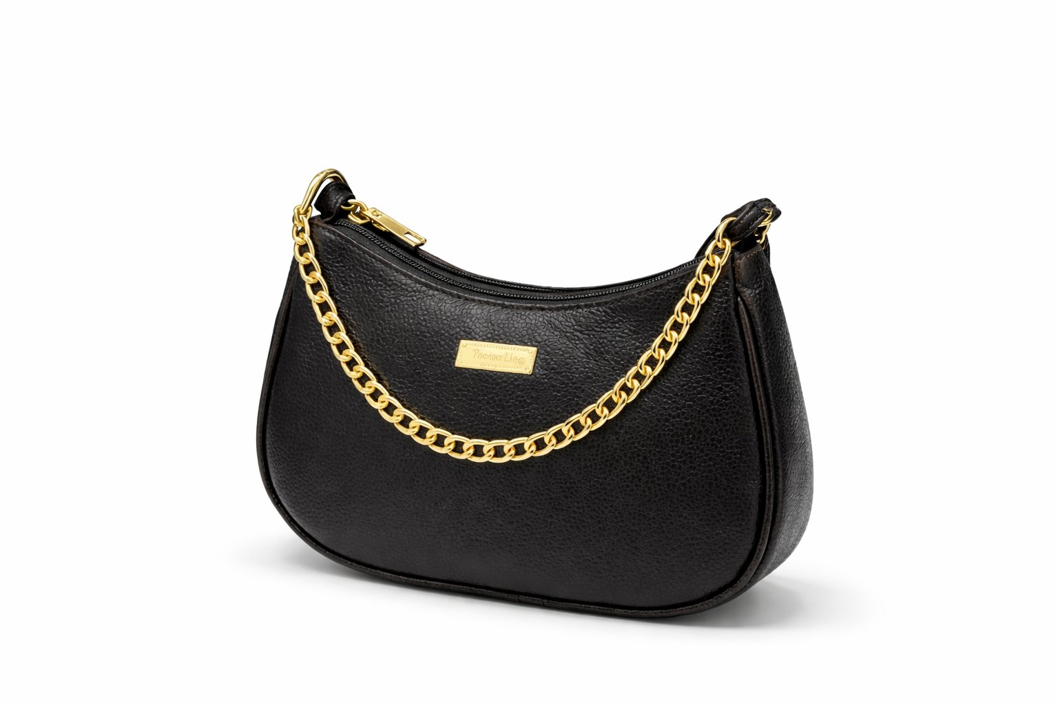 Crescent leather shoulder bag brown with gold chain
