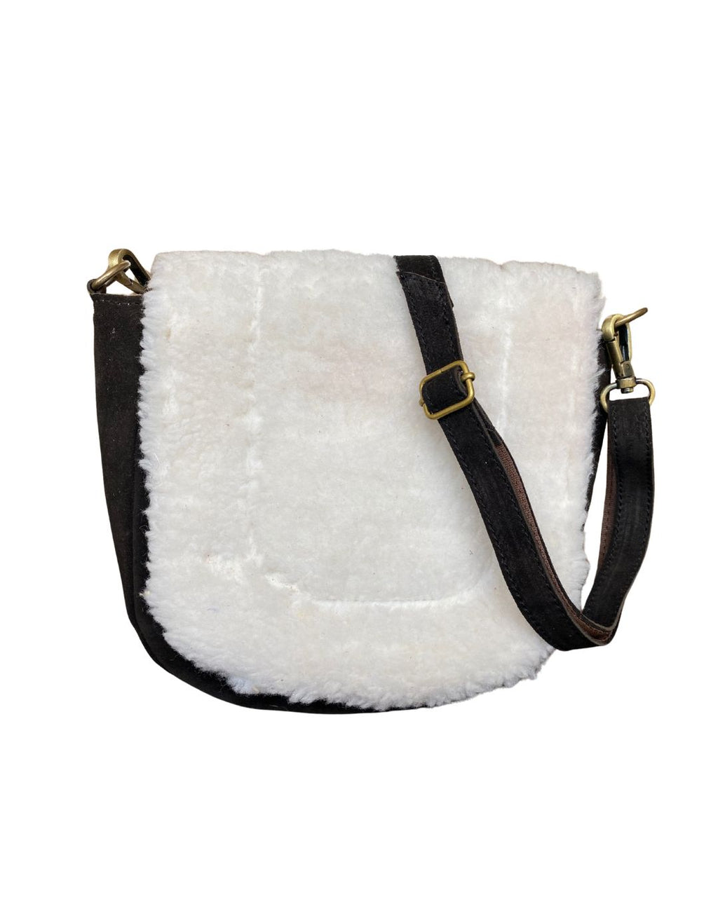 White Fur Suede Crossbody bag with Brass fittings
