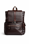 Genuine leather backpack in dark brown with multi compartments, front zipper pockets and durable design for office, travel and everyday carry.