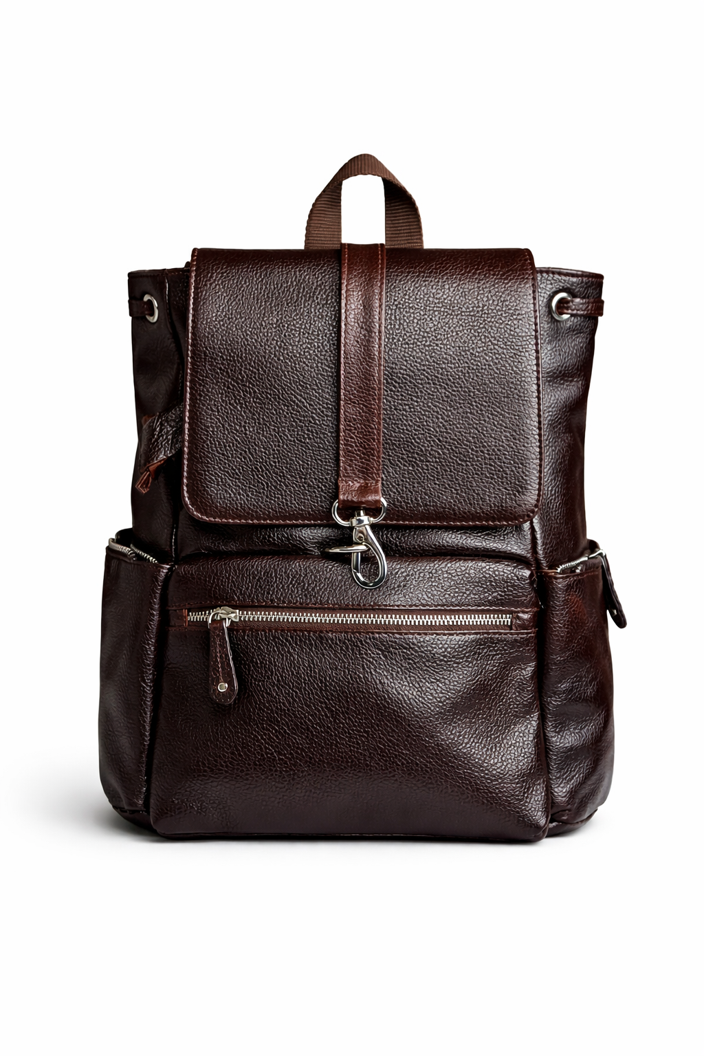 Genuine leather backpack in dark brown with multi compartments, front zipper pockets and durable design for office, travel and everyday carry.