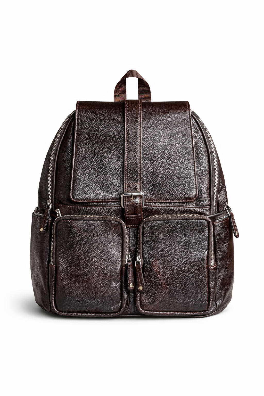 leather backpack with adjustable shoulder straps and sturdy top handle for comfortable carrying.