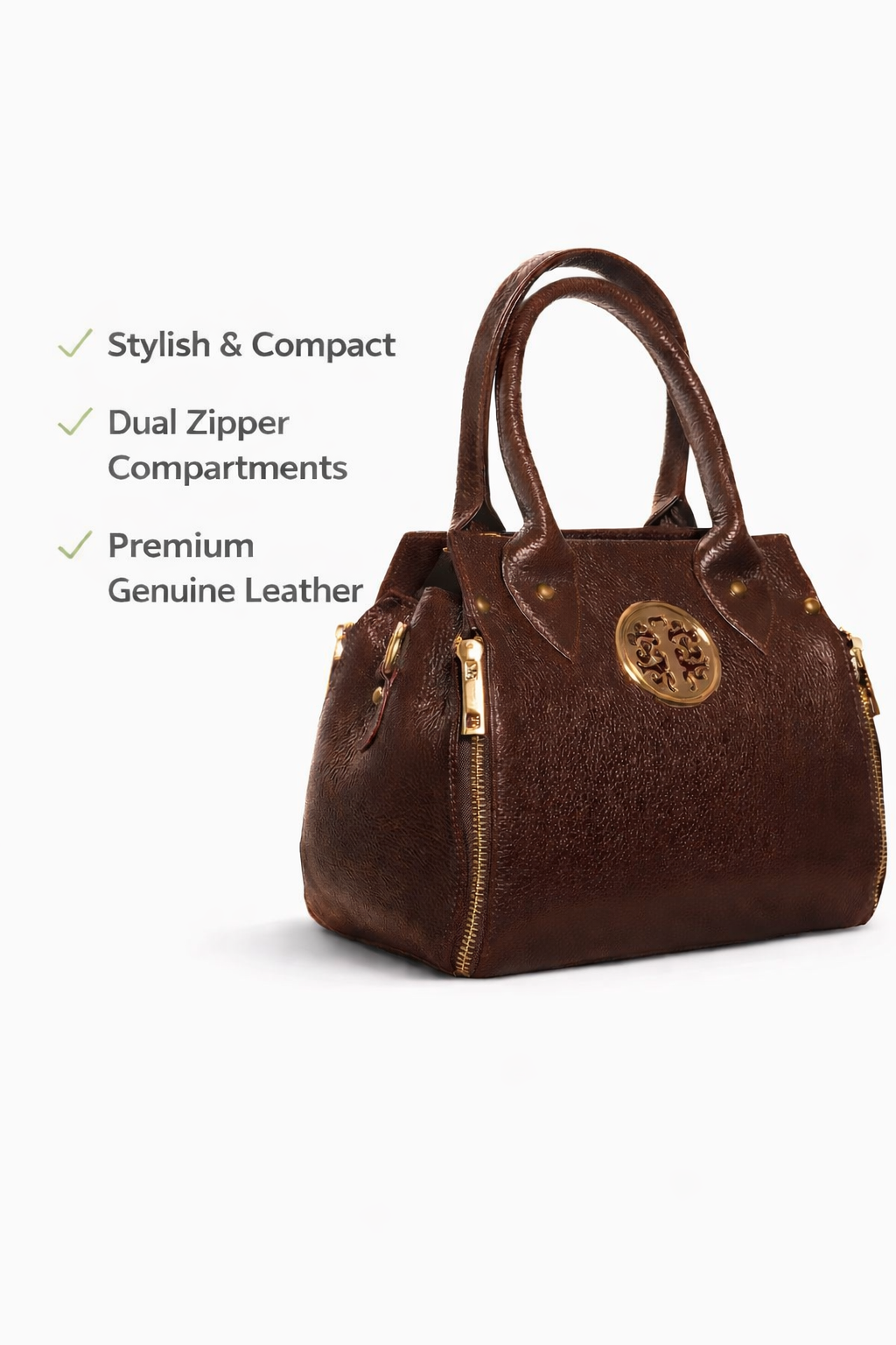 Premium brown leather mini handbag with dual zipper compartments and structured design for women