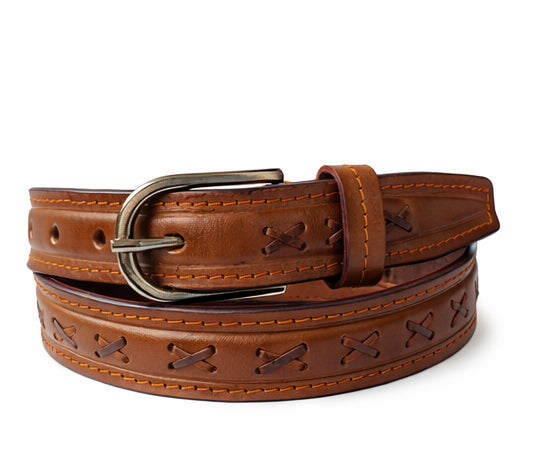 ICB-WB-01 | Women’s 1.5" Tan Leather Belt – Cross Braided Design