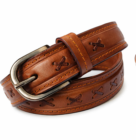 ICB-WB-01 | Women’s 1.5" Tan Leather Belt – Cross Braided Design