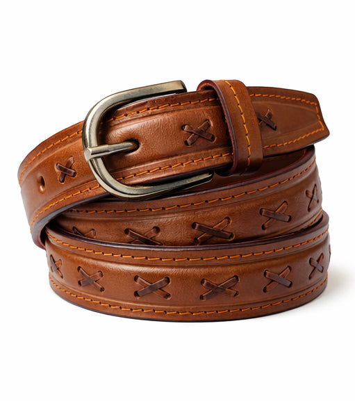ICB-WB-01 | Women’s 1.5" Tan Leather Belt – Cross Braided Design