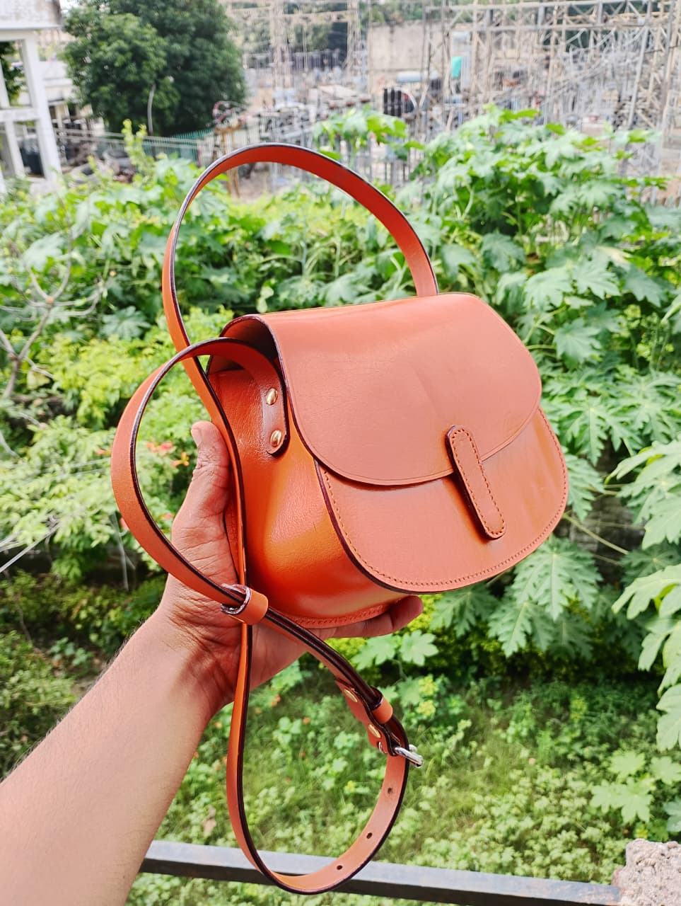 Classic Genuine Leather Mini Saddle Bag with Adjustable Strap